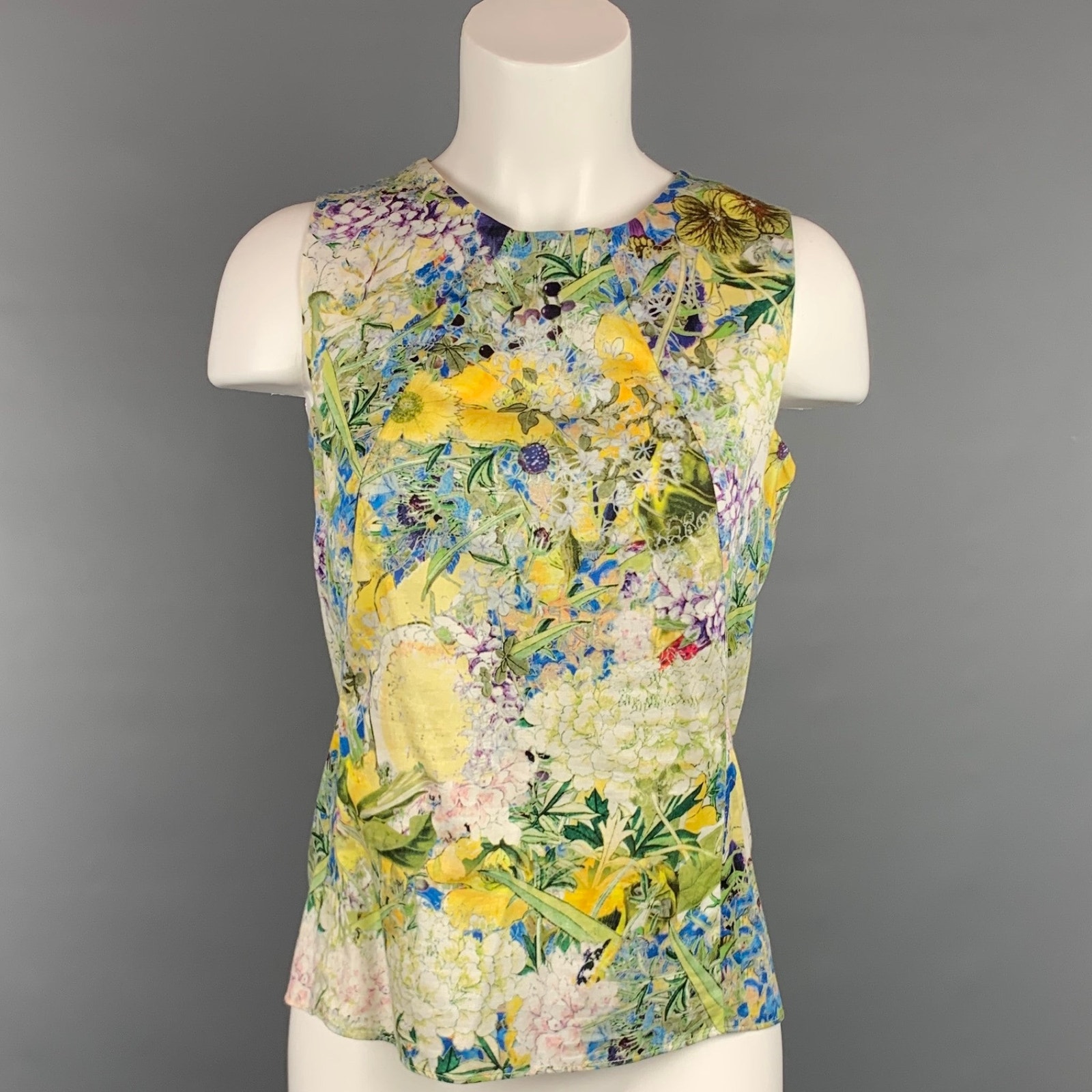 Erdem Size 4 Green & Yellow Floral Cotton Sleeveless Blouse